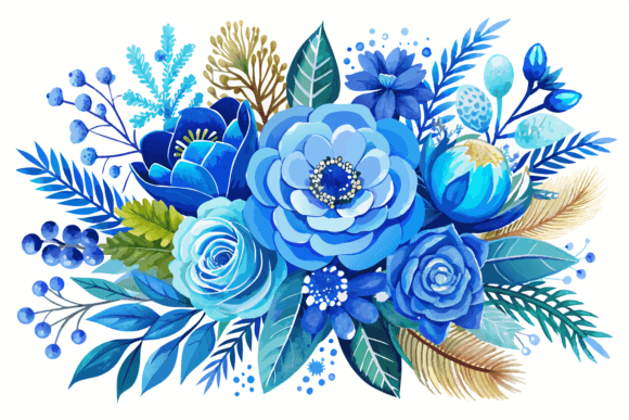 Download Blue Watercolor Winter Flowers Bouquet - Watercolor Collection