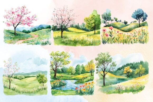 Download Watercolor Spring Landscape Clipart - Watercolor Collection