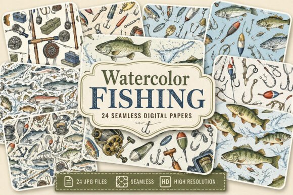 Download Watercolor Fishing Digital Paper - Watercolor Collection