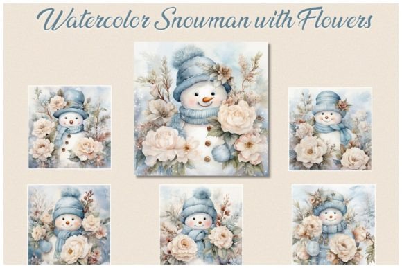 Download 6 Watercolor Snowman with Flowers – JPG - Watercolor Collection