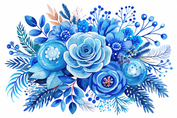 Download Blue Watercolor Winter Flowers Bouquet - Watercolor Collection