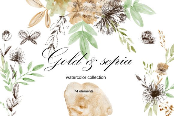 Download Gold and Sepia. Watercolor Clipart. - Watercolor Collection