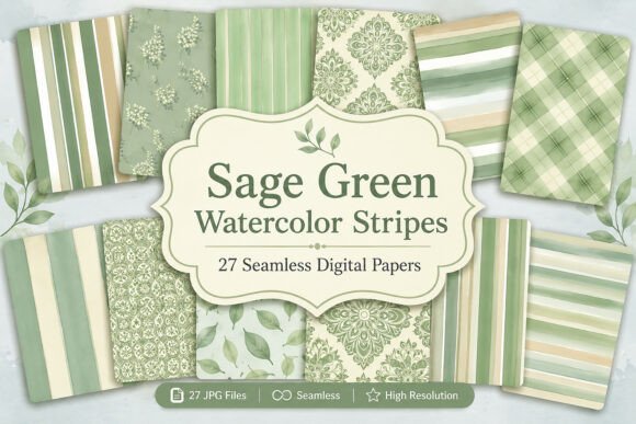 Download Sage Green Watercolor Stripes Digital - Watercolor Collection